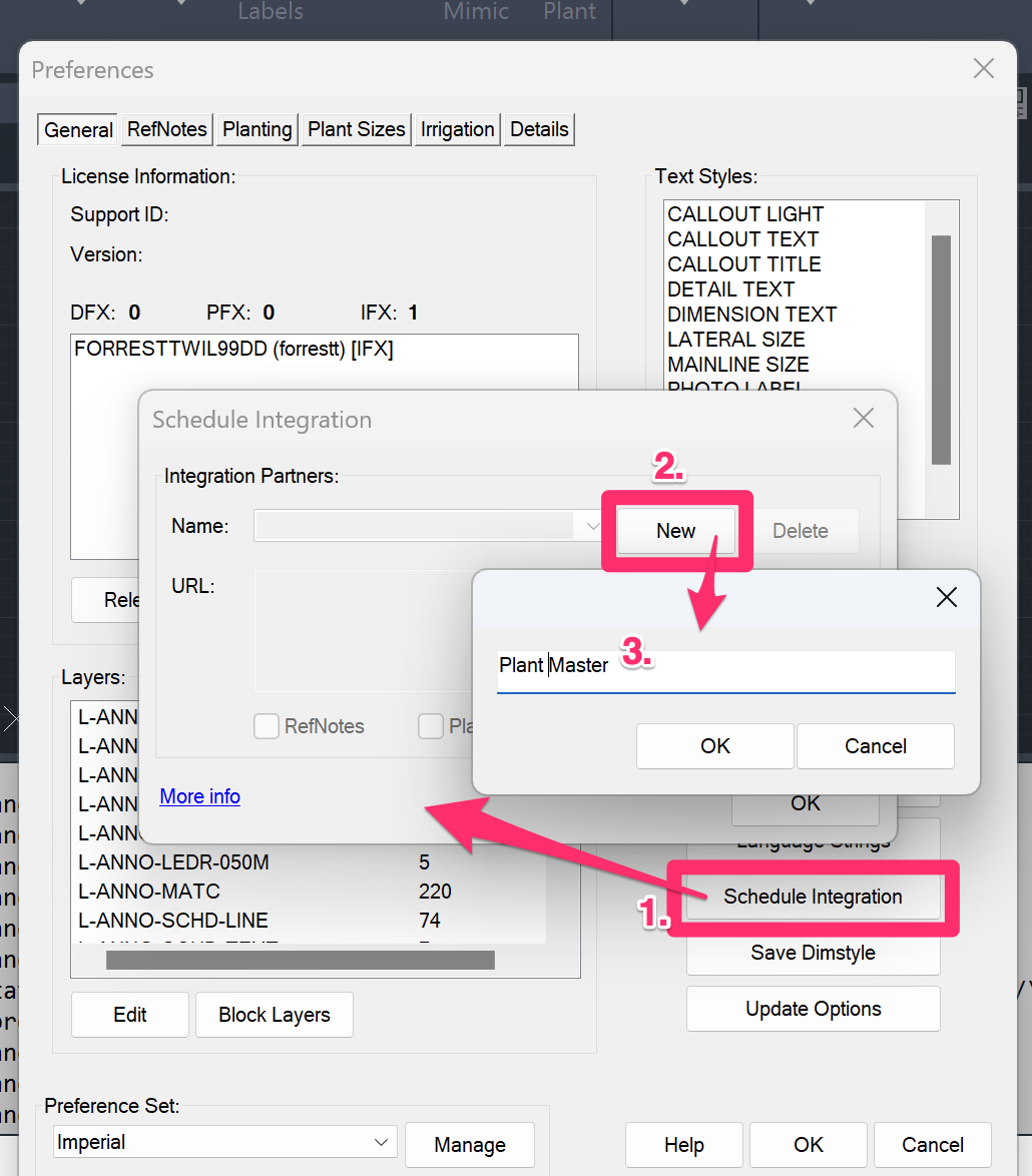 General Preferences screen showing Schedule Integration button and dialog box