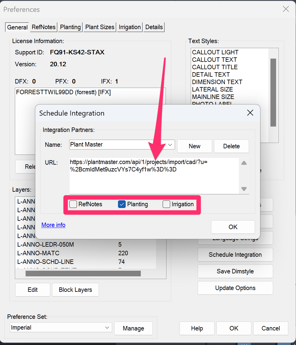 Schedule Integration dialog box with URL pasted into the URL field