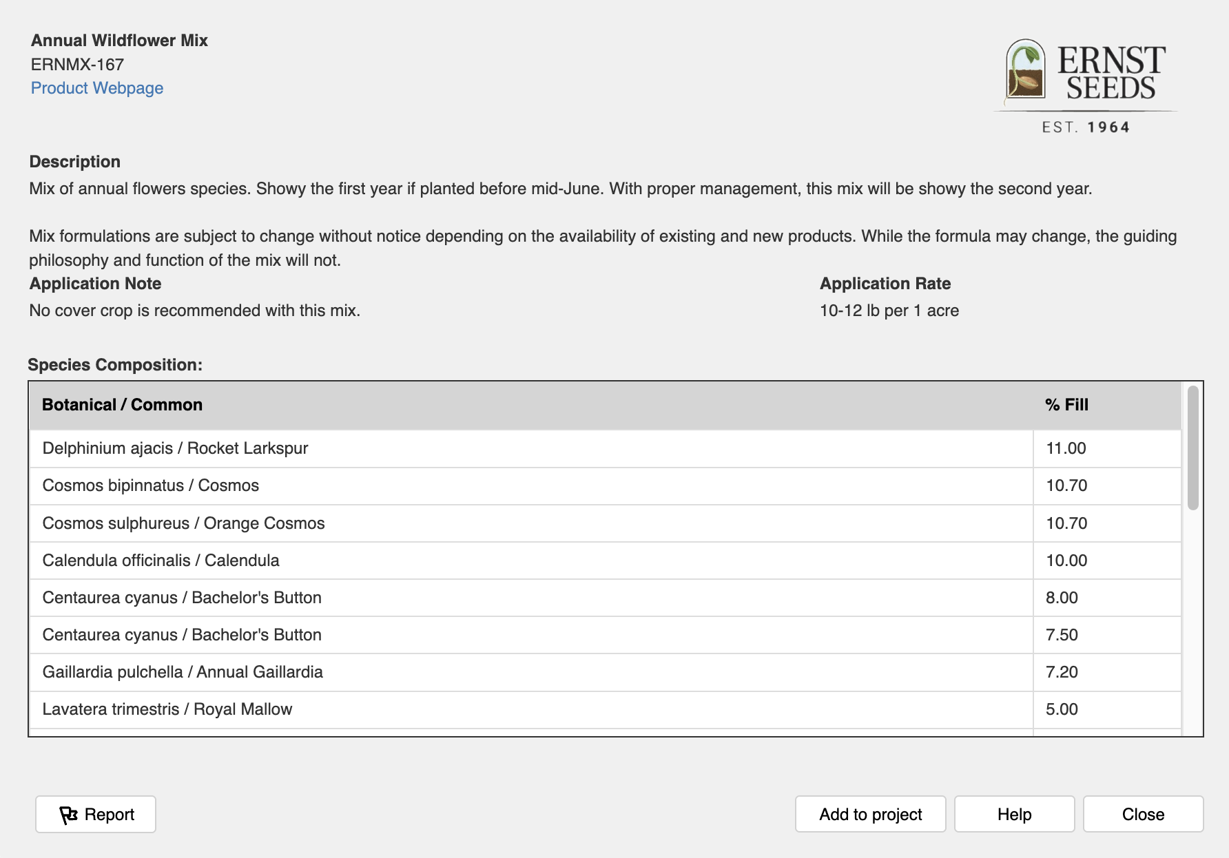 Exampe seed mix data dialog box