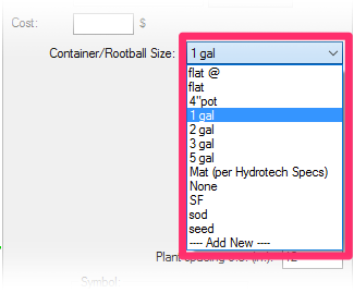 Container/Rootball Size menu, groundcovers