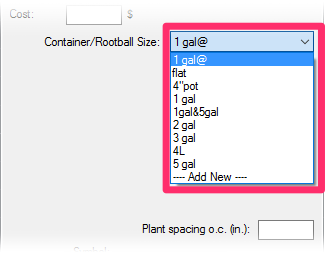Container/Rootball Size menu, Shrub Areas