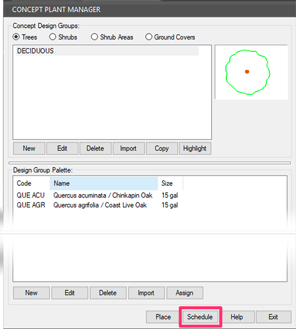 Concept Manager dialog box, Schedule button