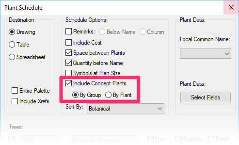 Options to include Concept Plants in the Plant Schedule by plant and by group