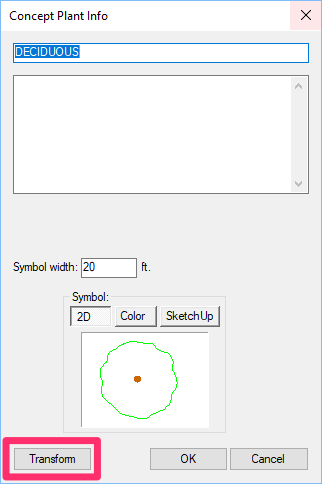 Concept Plant Into dialog box, Transform button