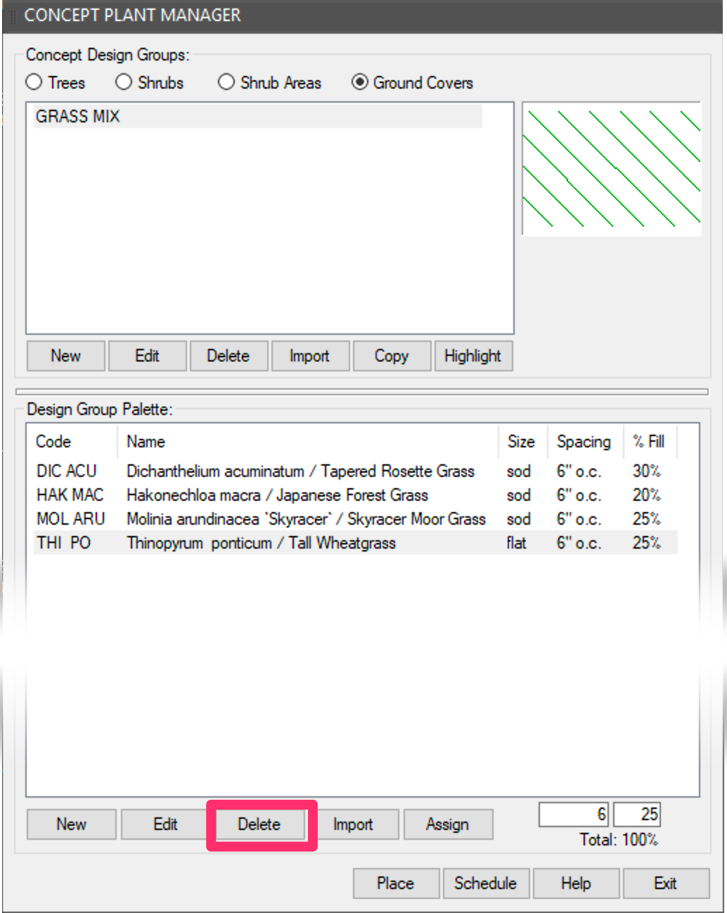 Deleting a plant from a Design Group