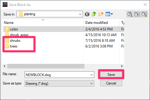 Save block into Trees or Shrubs subfolder