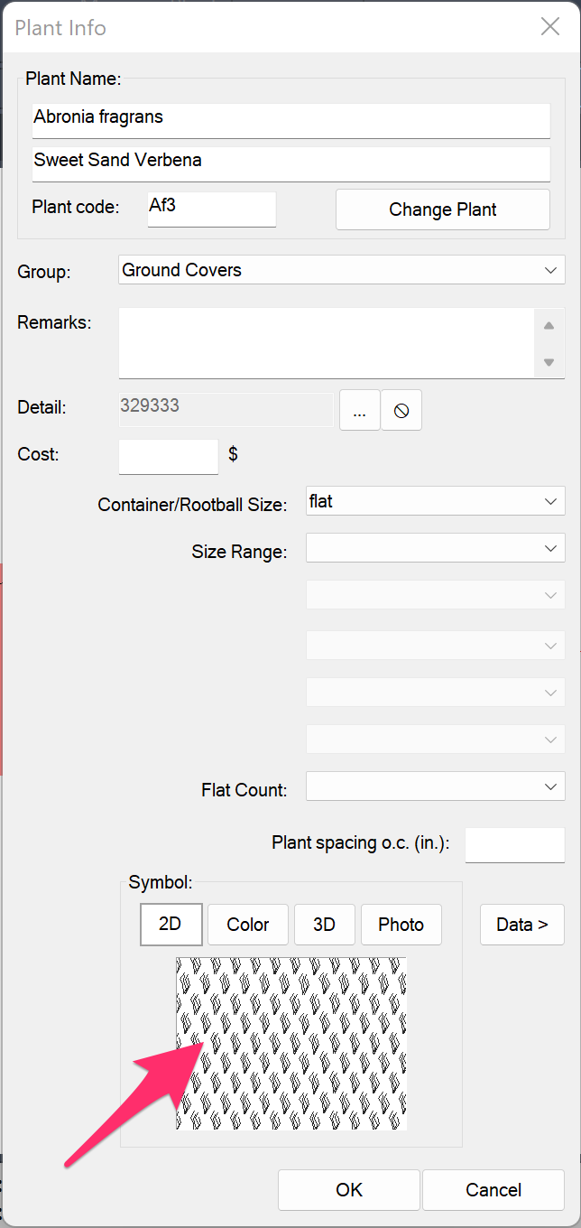 2D plant symbol thumbnail preview in the Plant Info dialog box
