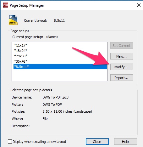 Page Setup Manager, Modify button