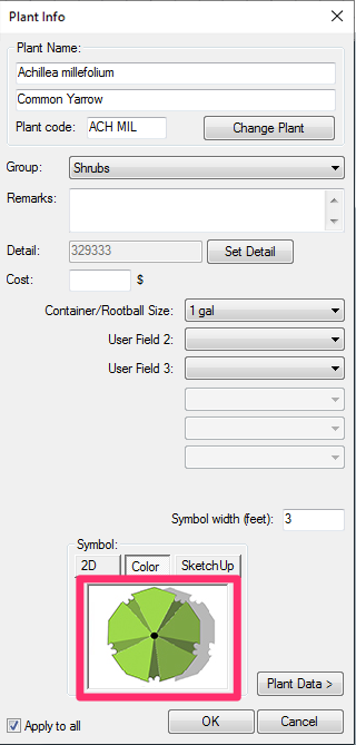 Plant Info dialog box, symbol selection preview