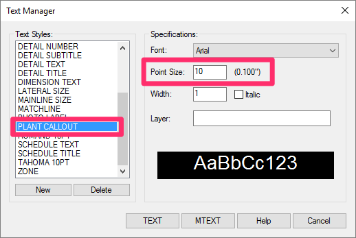 Correcting plant label scale, Text Manager