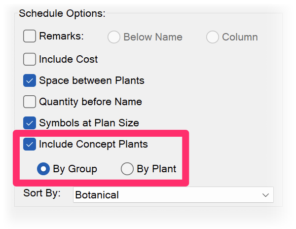 Plant Schedule, Include Concept Plants option