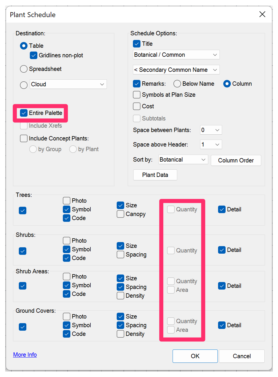 Plant Schedule dialog box, Entire Palette option