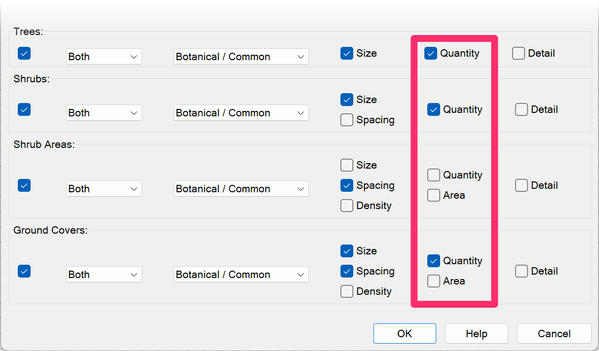 Quantity/Area options