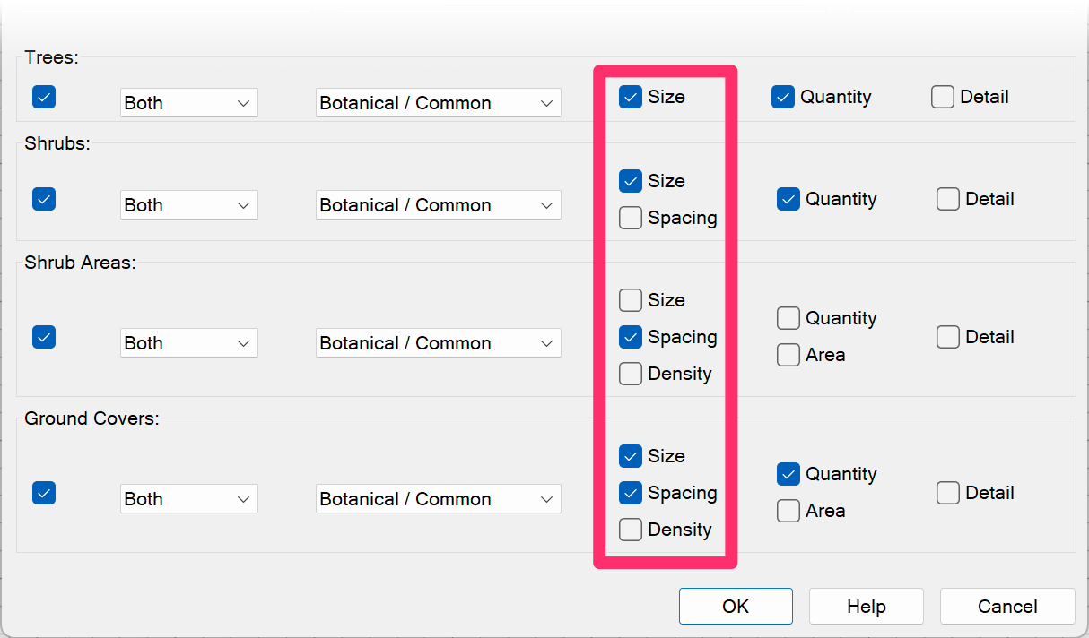 Size, Spacing, and Density options