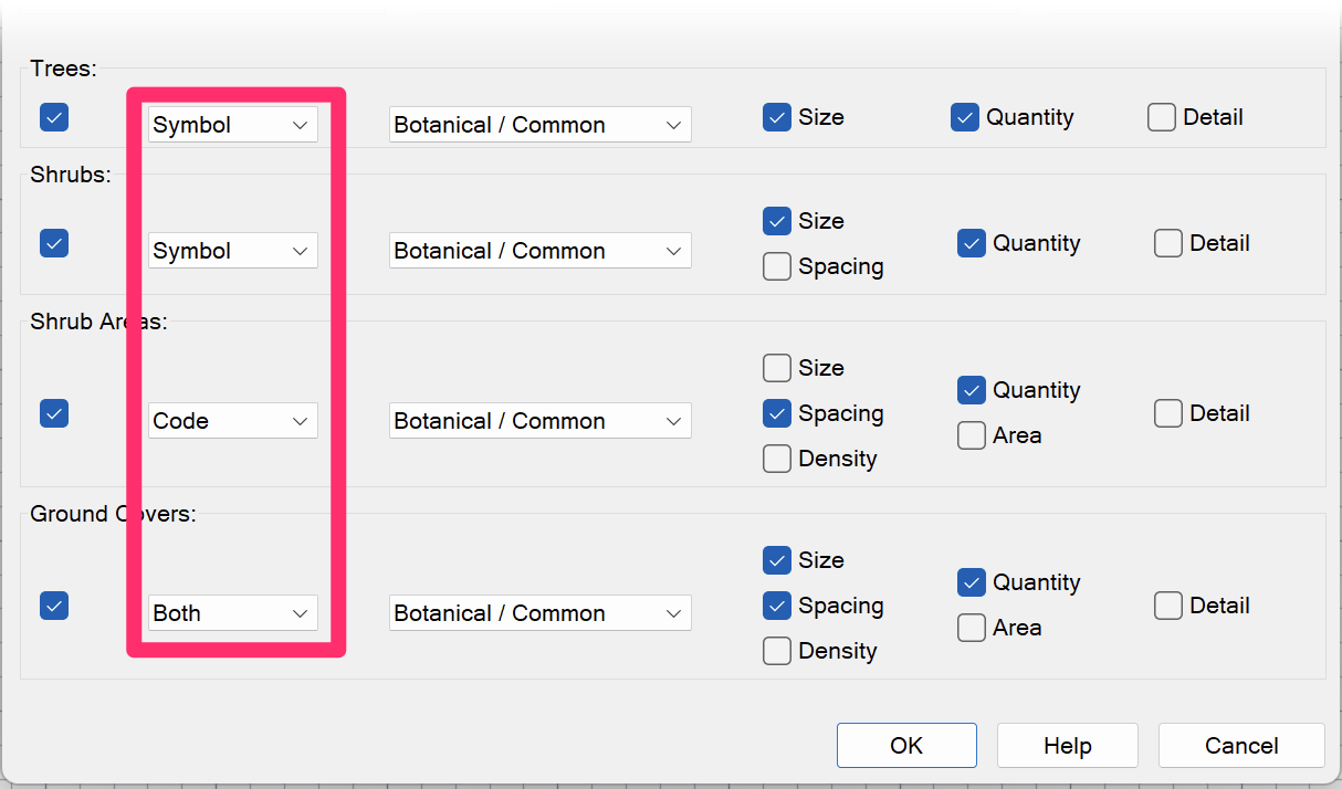Symbol/Code menus