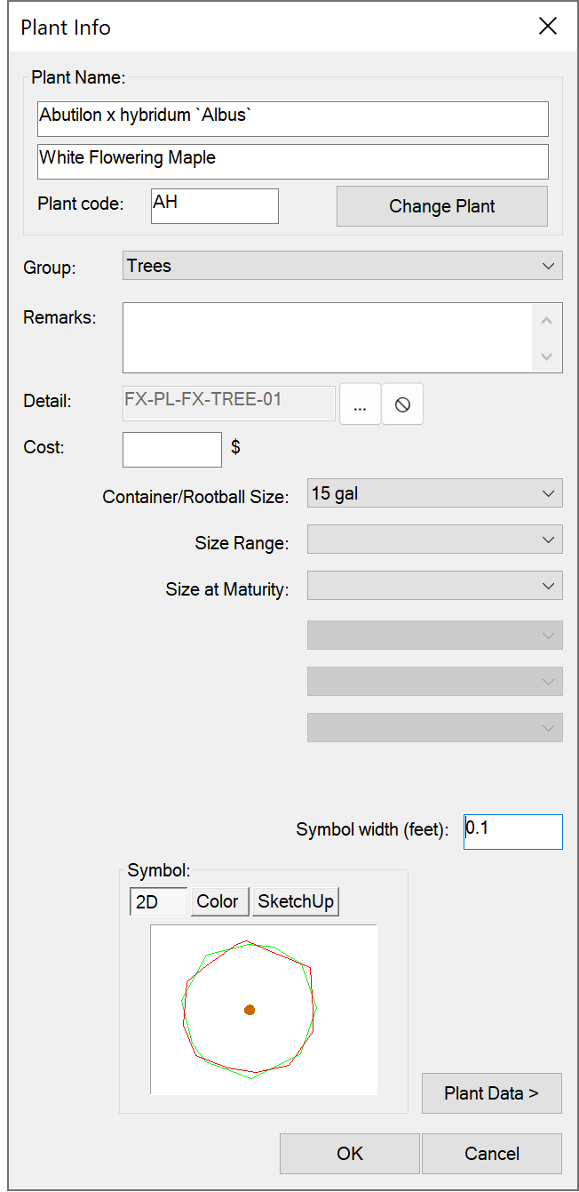 Plant Info dialog box showing plant symbol