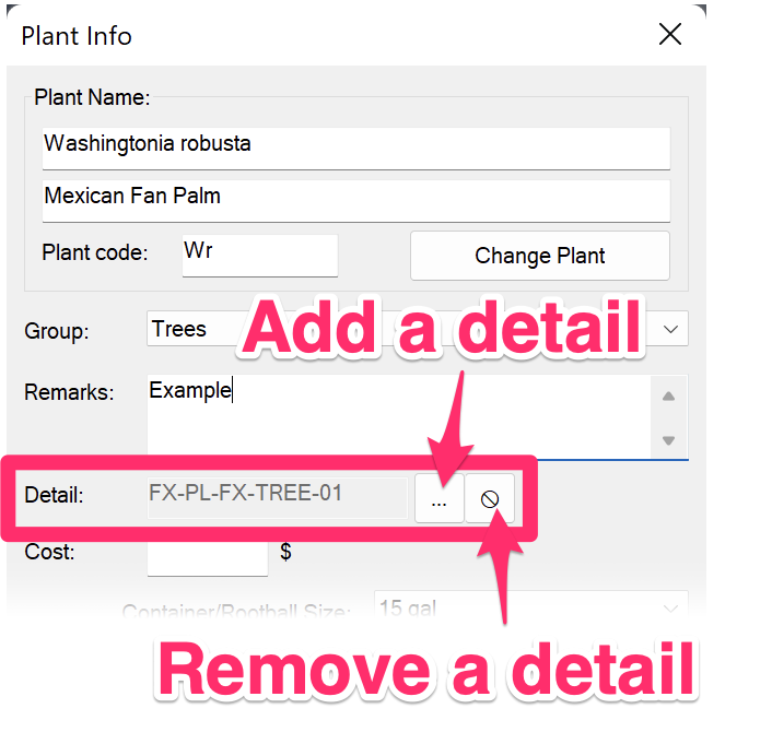 Plant Info dialog box, Set Detail button