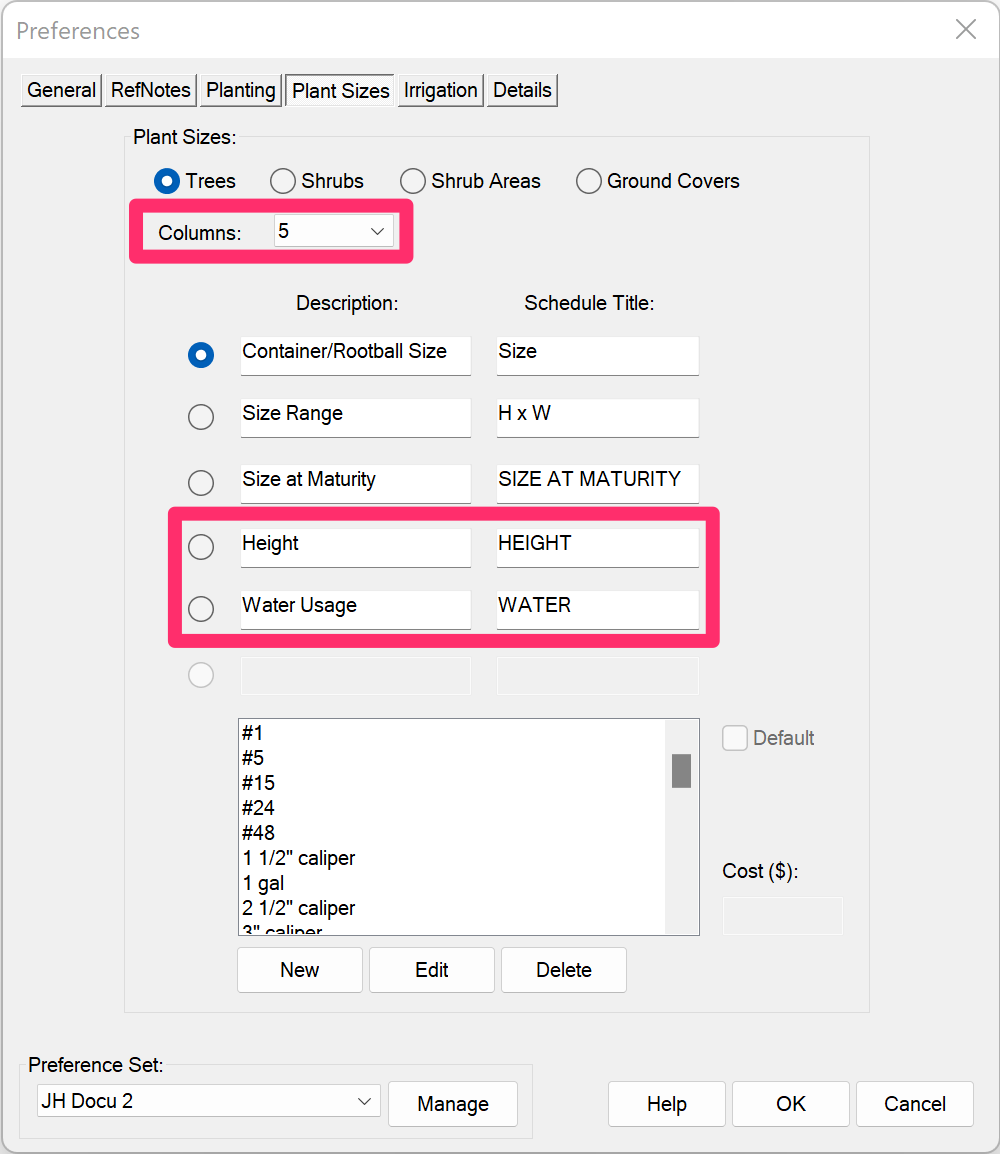 Plant Sizes Preferences, number of columns