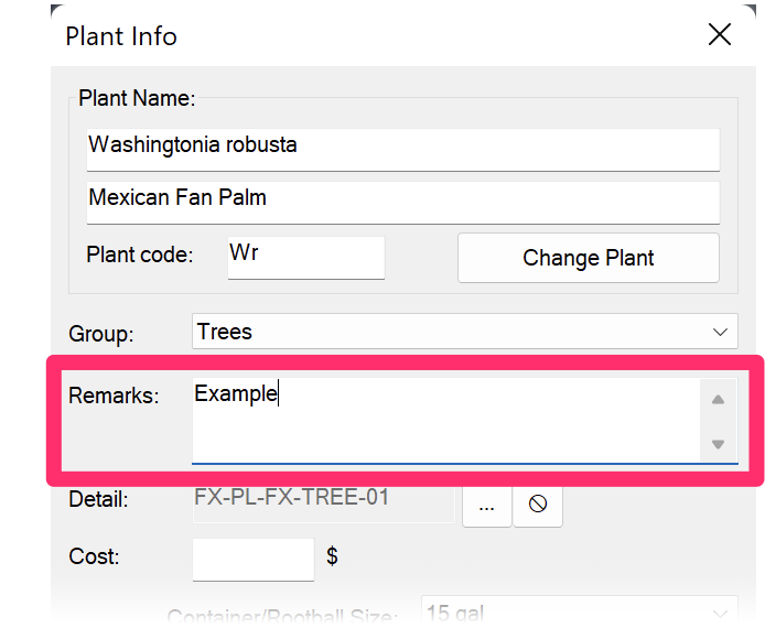 Plant Info dialog box, Remarks field