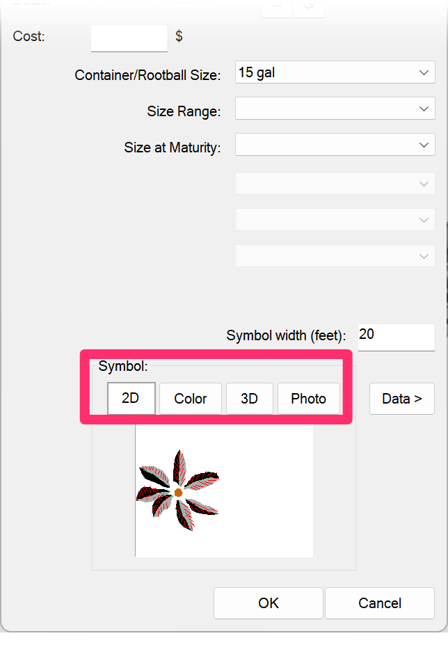 Plant Info dialog box, toggling between 2D, Color, and 3D symbols