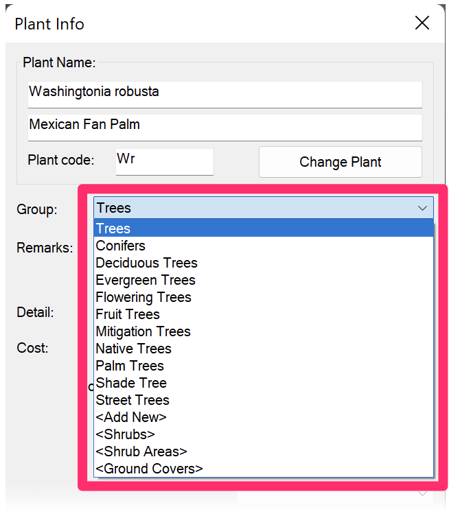 Plant Info dialog box, Group menu