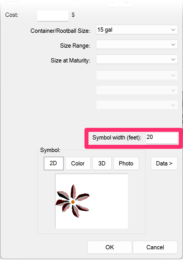 Plant Info dialog box, Symbol Width field