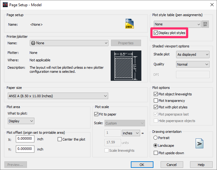 Page Setup dialog box, Diaplay plot styles option