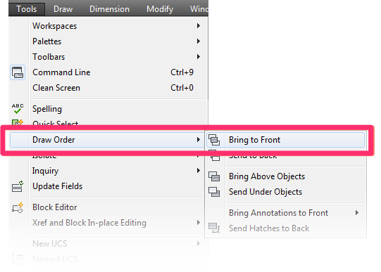 Tools menu, Draw Order option, Bring to Front suboption