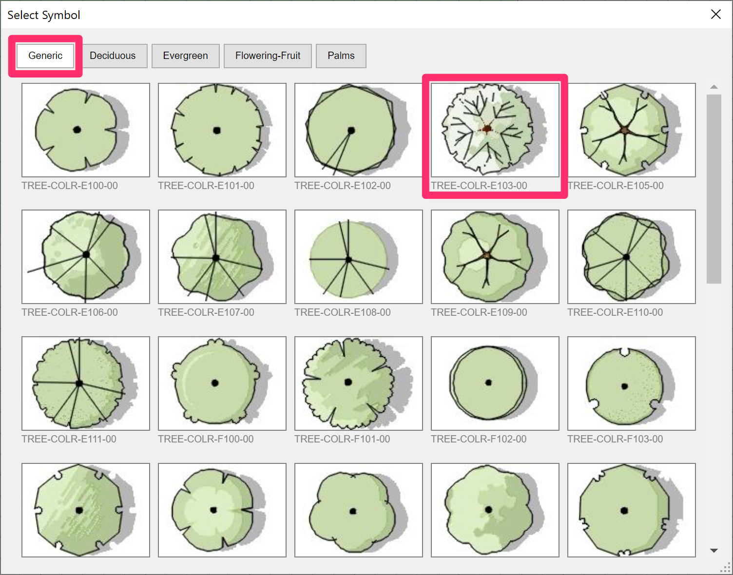 Selecting a tree color symbol