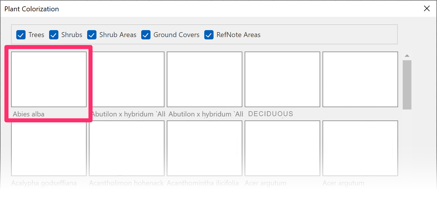 Plant Colorization dialog box, clicking a tree name