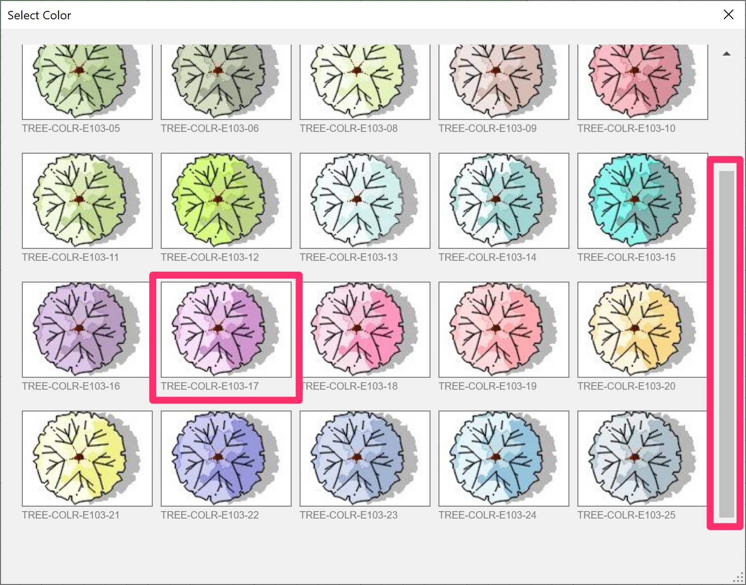 Select Color dialog box, tree color symbols