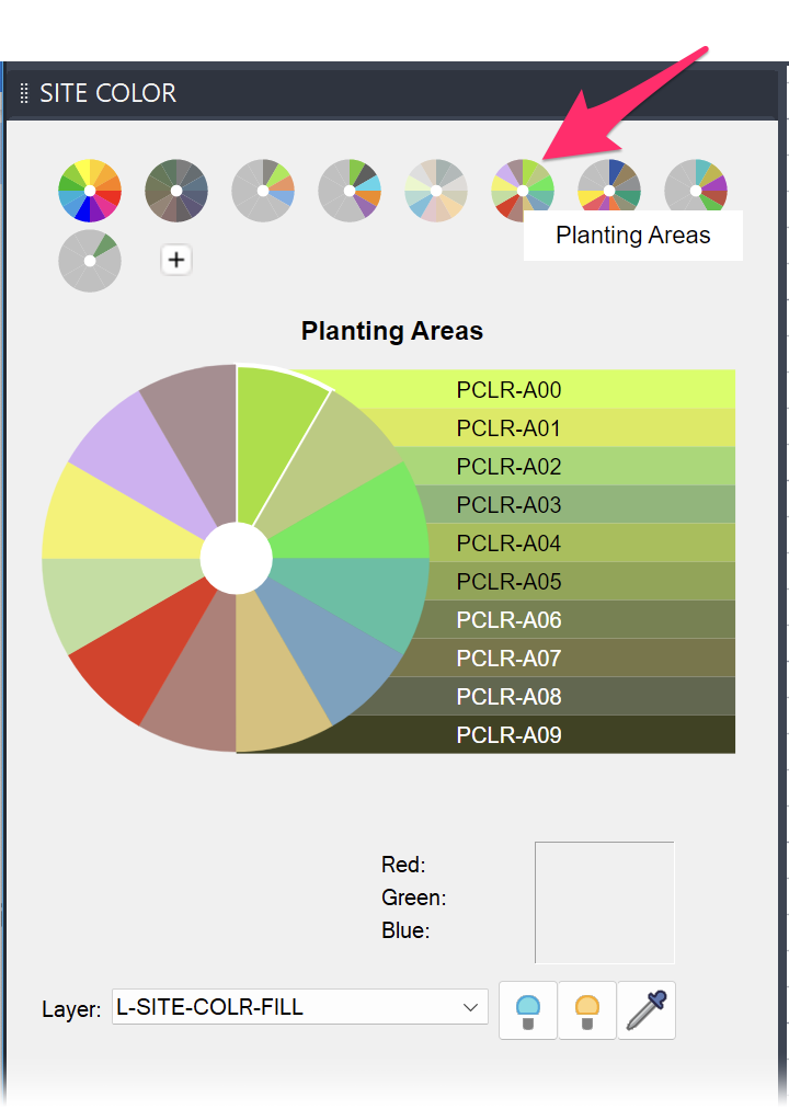 Site Color dialog box showing Planting Areas color wheel