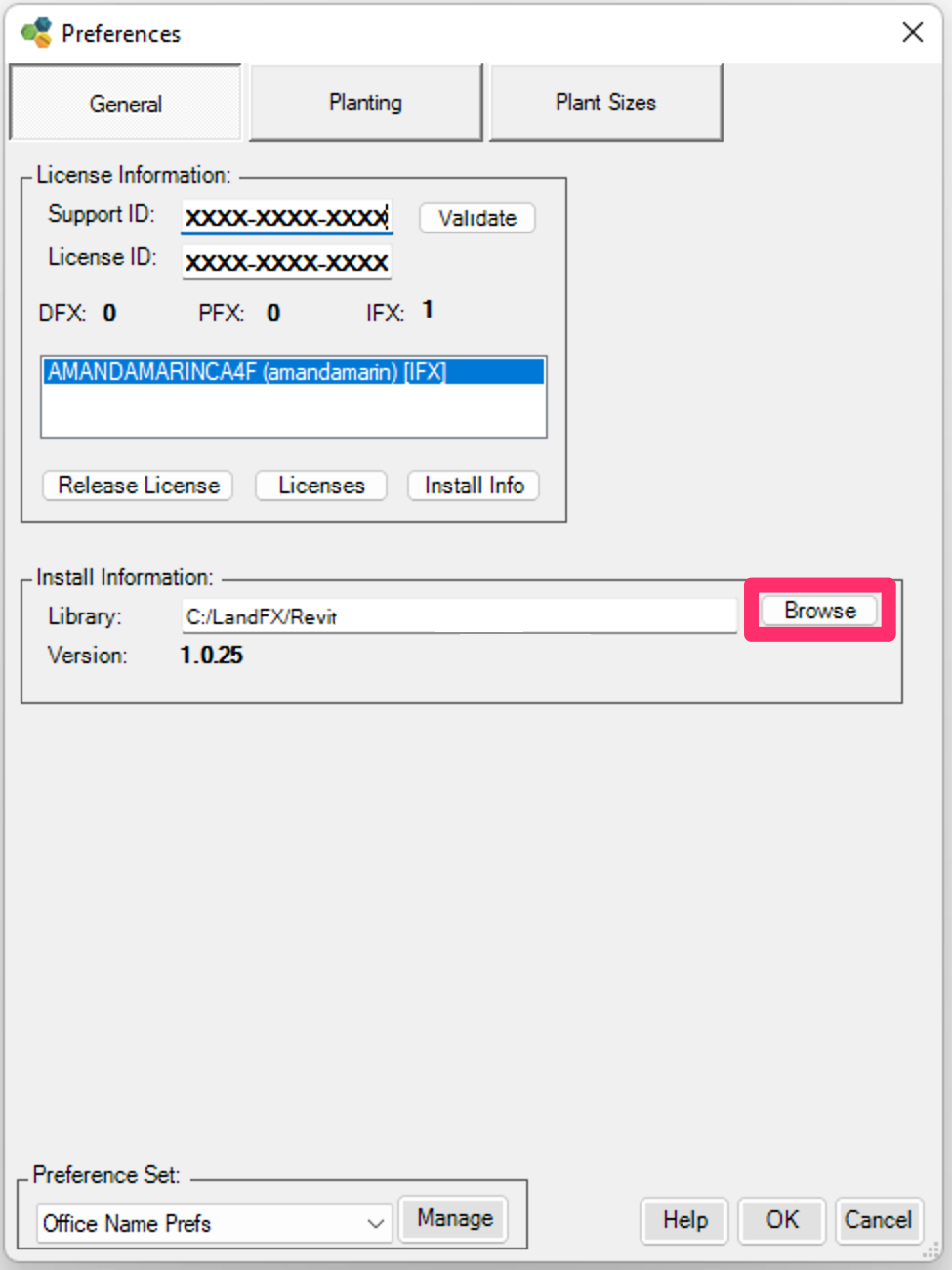 General Preferences screen, Browse button