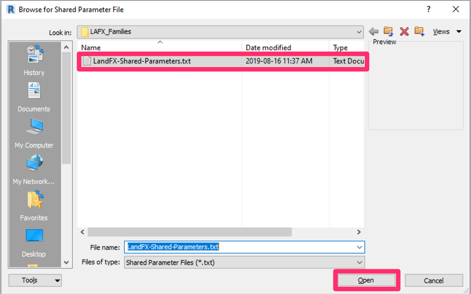 Navigating to and opening the LandFX-Shared-Parameters.txt file