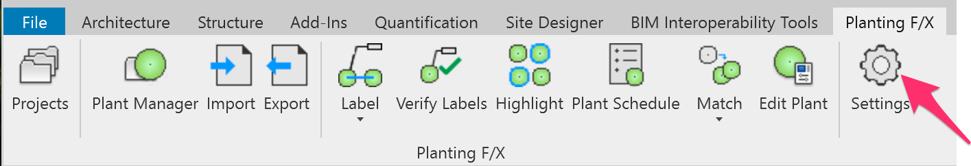 Planting F/X ribbon in Revit, Settings button