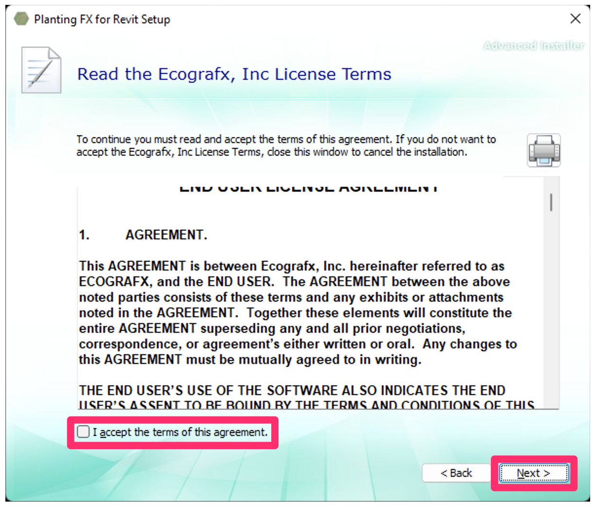 User agreement screen