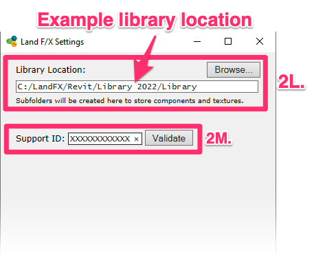 Land F/X Settings dialog box, Library Location and Support ID settings