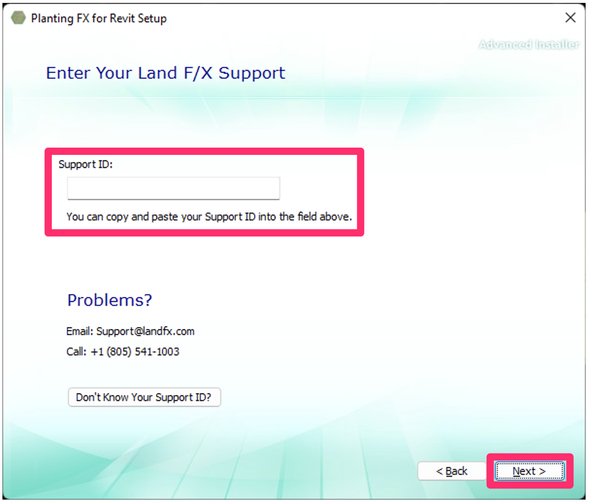 Enter Your Land F/X Support ID screen