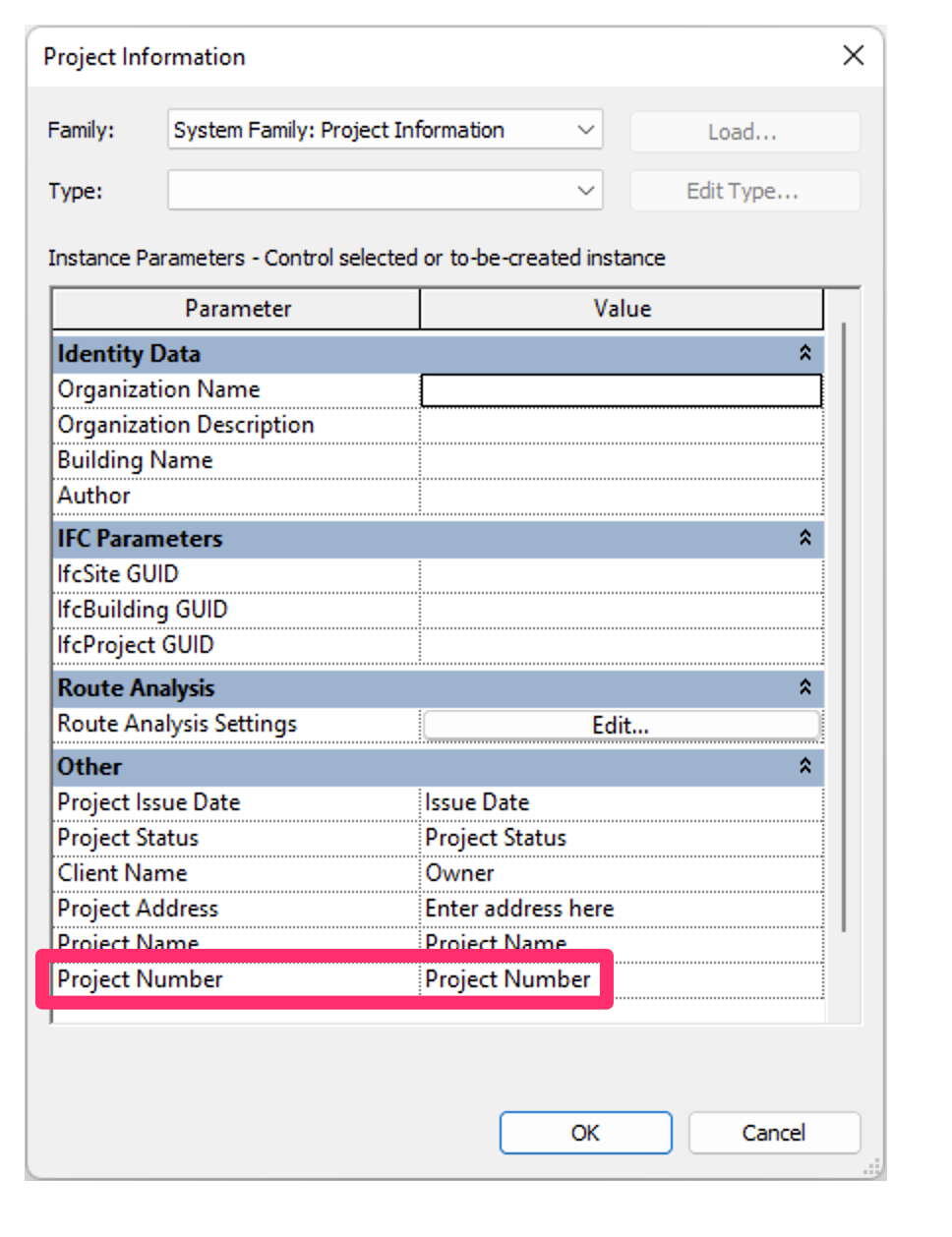 Project Information dialog box, Project Number setting