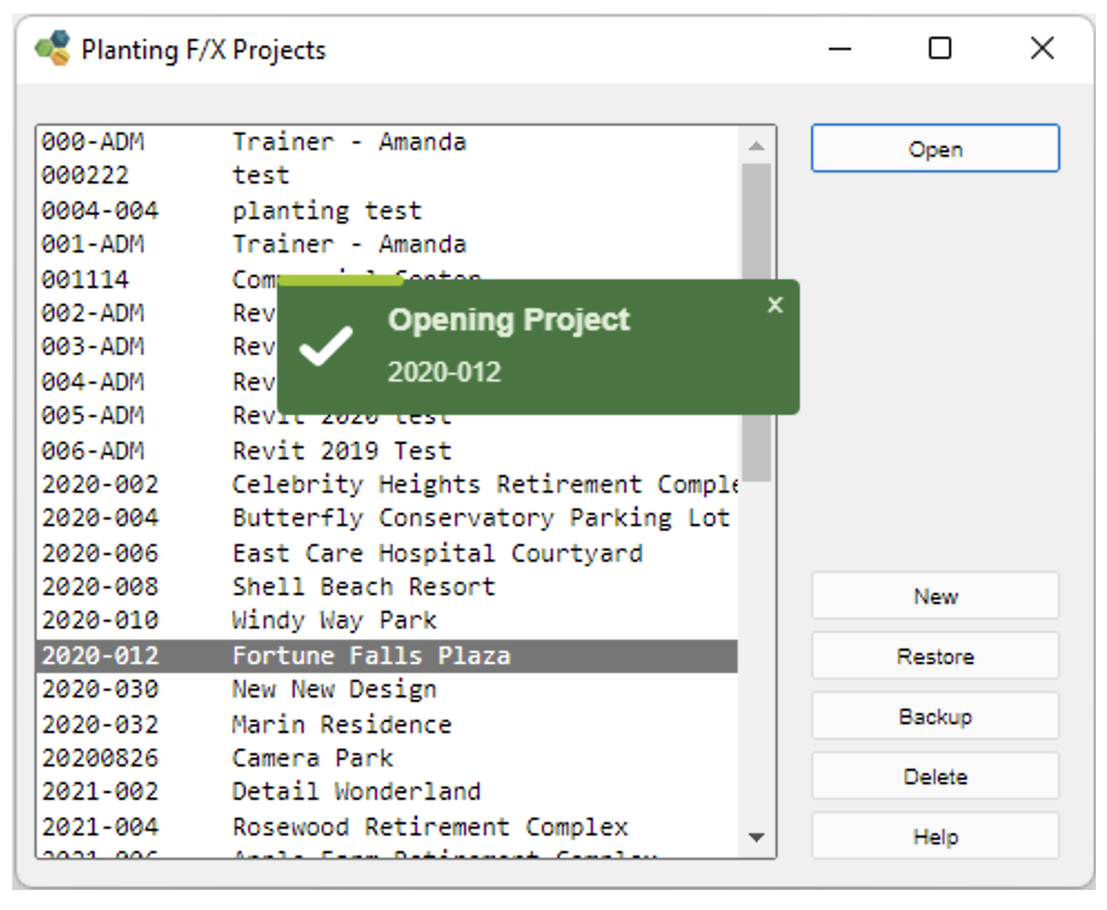 Land F/X projects dialog box