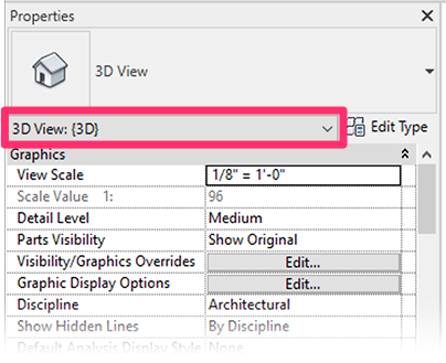 Properties panel, 3D View option