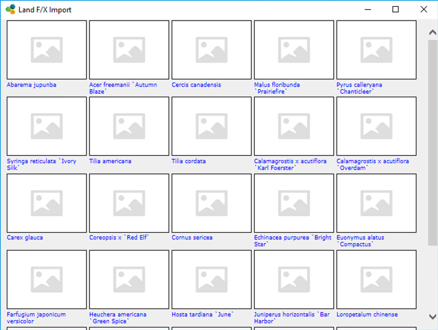 Land F/X Import dialog box without thumbnail previews for plant symbols