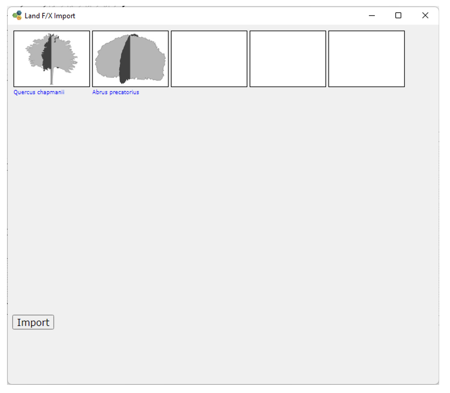 Land F/X Import dialog box showing thumbnail preview for a plant symbol