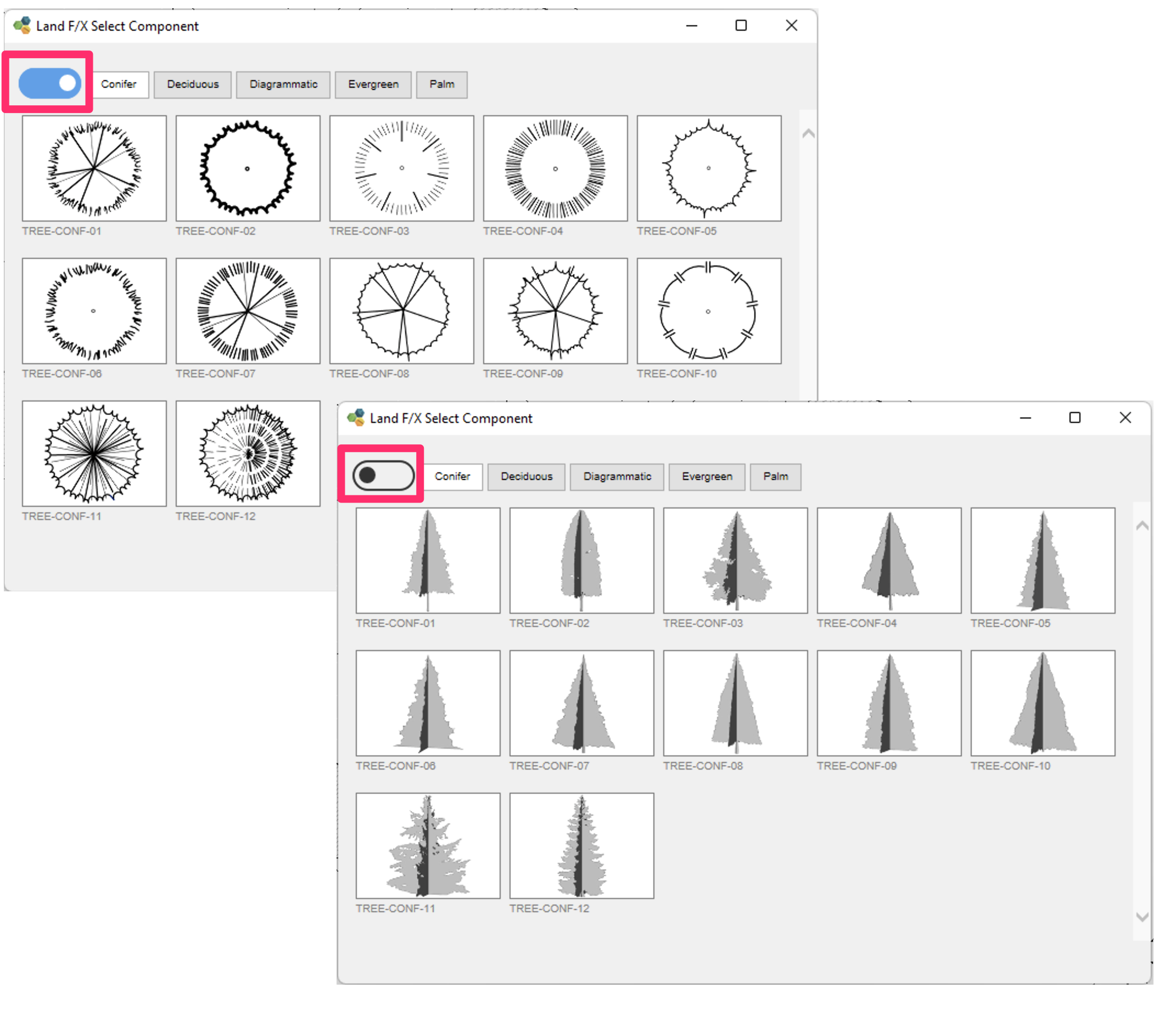 Land F/X Select Component dialog box, tree and shrub symbol family options