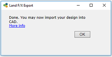 Land F/X Export dialog box with message that trees and shrubs have been exported