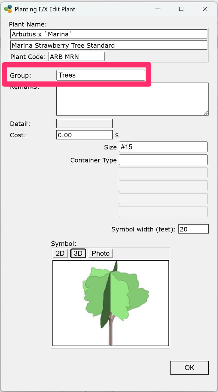 Planting F/X Edit Plant dialog box, Group menu