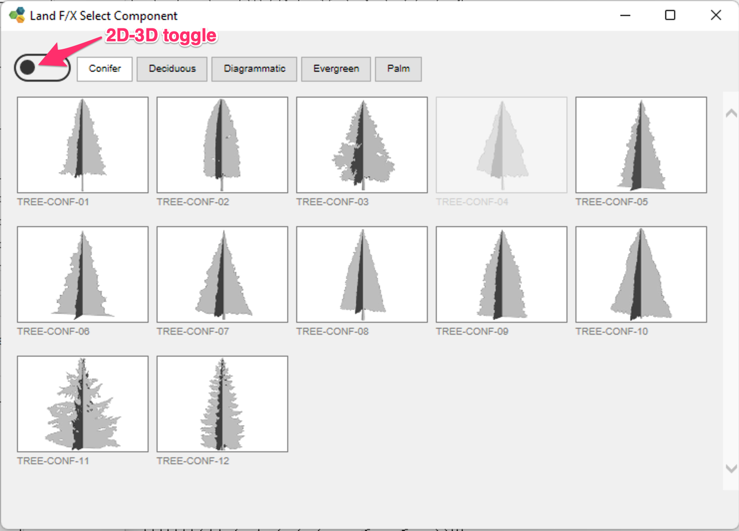 Individual symbols for trees and shrubs with 2D-3D toggle shown