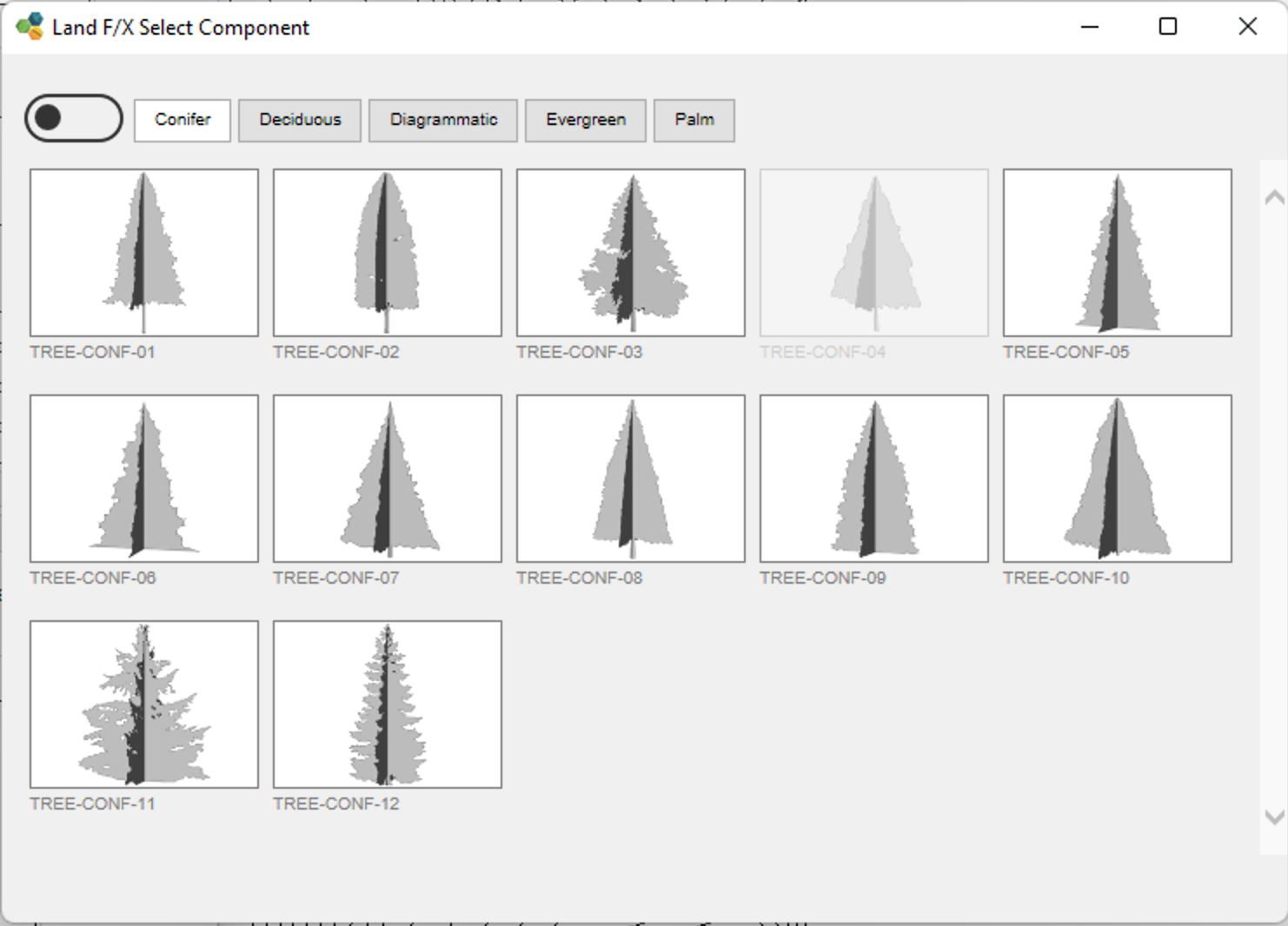 2D tree symbols, Conifer category shown