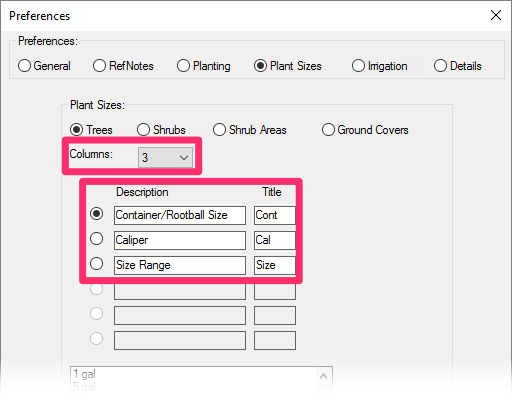 Customizing the Plant Information fields in the Plant Sizes Preferences