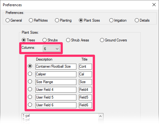 Adding columns in the Plant Sizes Preferences